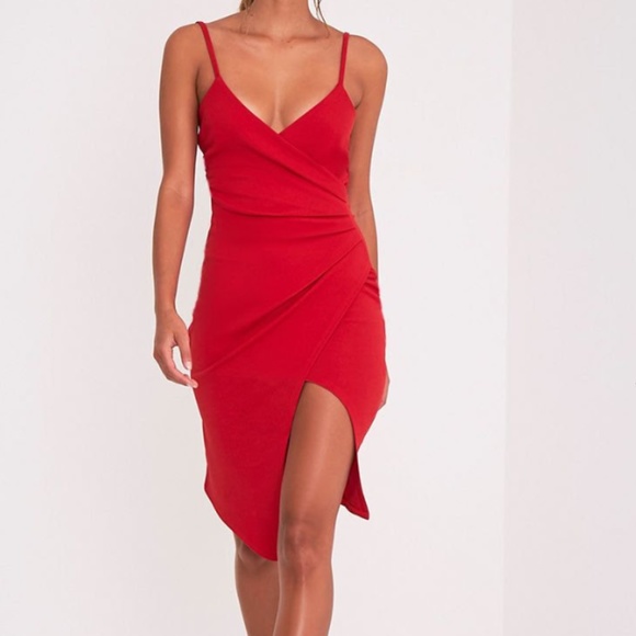 Pretty Little Thing Asymmetrical Skirt Red Wrap Valentines Dress - Picture 4 of 5